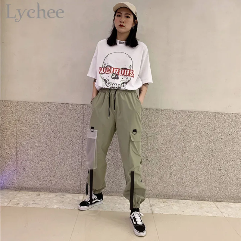 Женские брюки Lychee Harajuku с прозрачными карманами и лентой джоггеры высокой