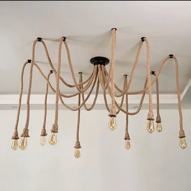 

Nordic Vintage Hemp Rope Chandelier Antique Classic Adjustable Diy Spider Lamp Light Ceiling Retro Edison Bulb Pendant Lamp Home