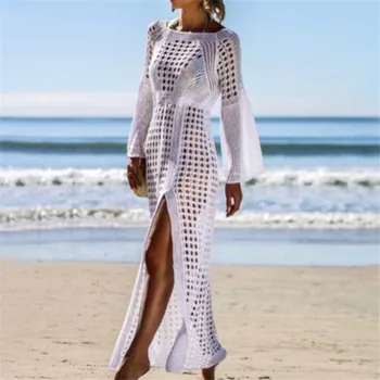 

Women Lace Crochet Bikini Cover Up New Summer Sexy Hollow-Out Knit Long Beach Dress Tunic Beachwear Sunscreen Overall Long Dress