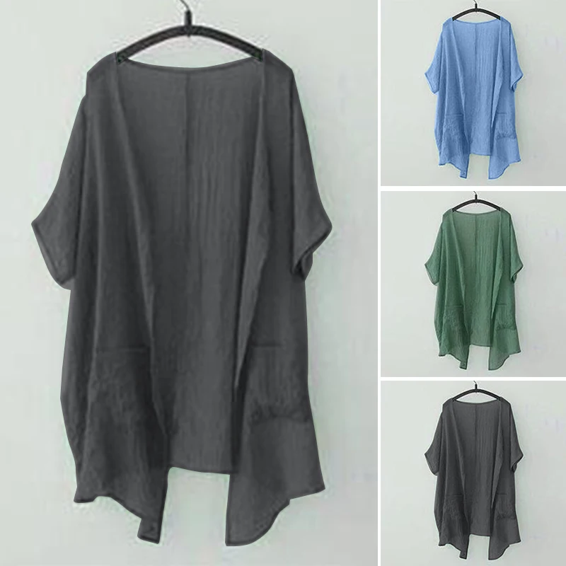 

Plus Size Women's Blouse Kimono Cardigan ZANZEA 2019 Beach Cover Up Summer Tops Female Asymmetrical Blusas Open Front Outwear