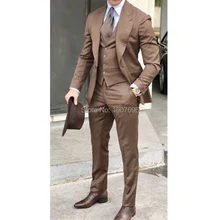 3 Piece Formal Wedding Men Suits 2019 Peaked Lapel Brown Jacket Vest Pants Tailored Made Blazer Groom Tuxedos for Mens Prom Suit