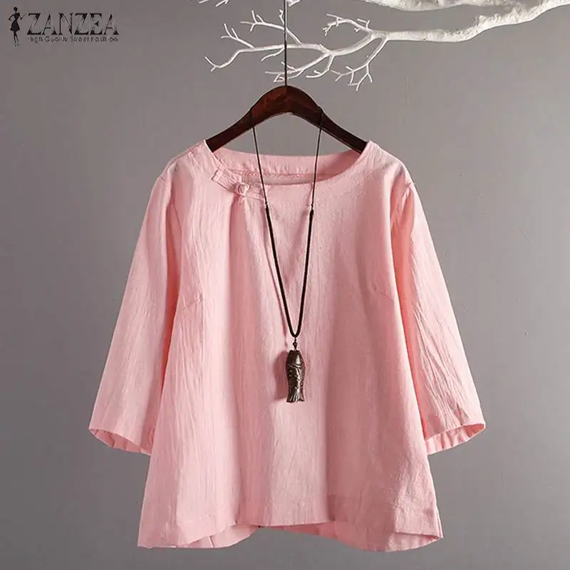  ZANZEA Women Shirt Blouse Vintage One Button Blusas Ladies Casual Cotton Tunic Tops Work Office Shi