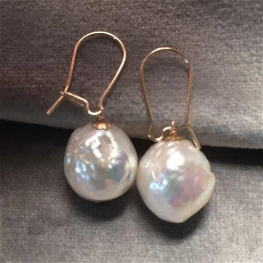 

12-14mm White Baroque Pearl Earrings Hook Cultured Real Fashion Aurora Dangler Accessories Flawless Party Mesmerizing