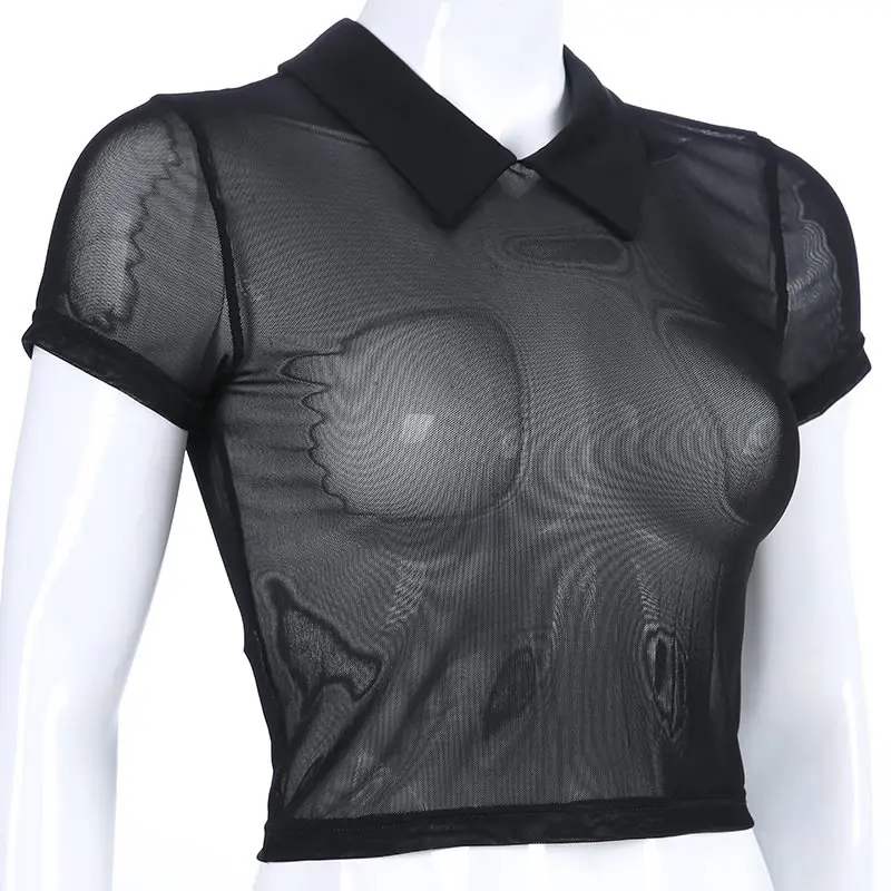 

Women Tops Casual Sexy Club Punk Black Gothic Chic Cool Summer Slim Mesh Solid Hollow Office Lady Female Fashion Goth T-shirts