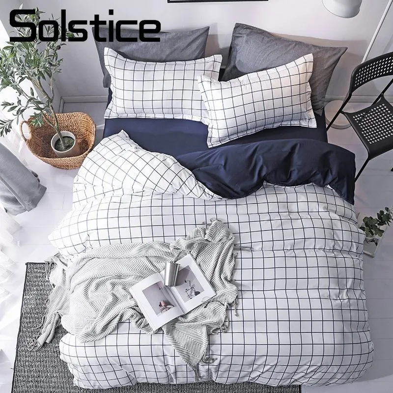 

Solstice Home Textile Simple Nordic Bedding Linen Set For Teen Boy Girls White Blue Plaid Duvet Cover Pillow Case Flat Bed Sheet