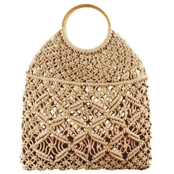 

Summer Beach Mini Handbags For Women Vintage Ladies Mesh Woven Hollow Rope Cotton Casual Travel Round Handle Small Tote Bag