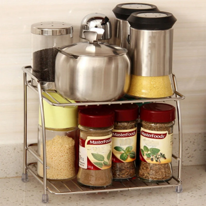 

2-Layers Stainless Steel Storage Rack Spice Condiment Basket Desk Organizer Kitchen Bathroom Storage Holder Rack Shelf