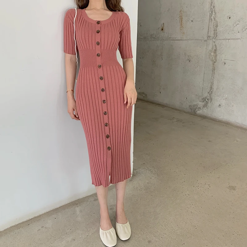 

2019 Summer Girls Knitting Sheath Single Breasted Maxi Dresses Women Short Sleeve Long Stretchy Knit Dress For Female