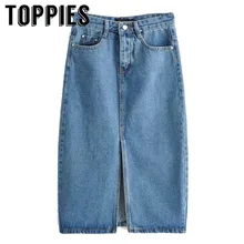 Винтажная синяя джинсовая юбка для женщин, высокая талия, прямая юбка с разрезом спереди, ковбойский стиль, модная уличная одежда