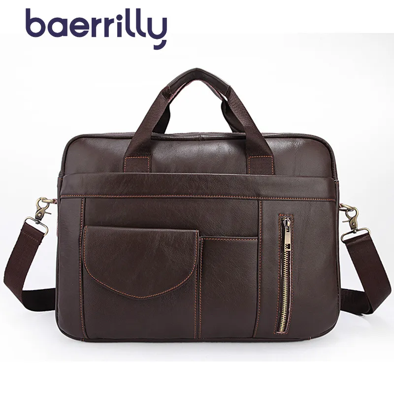 

Mens Leather Briefcase Solid Color Business Briefcase Genuine Leather Man Messenger Bag Laptop Handbag High-capacity Male Totes