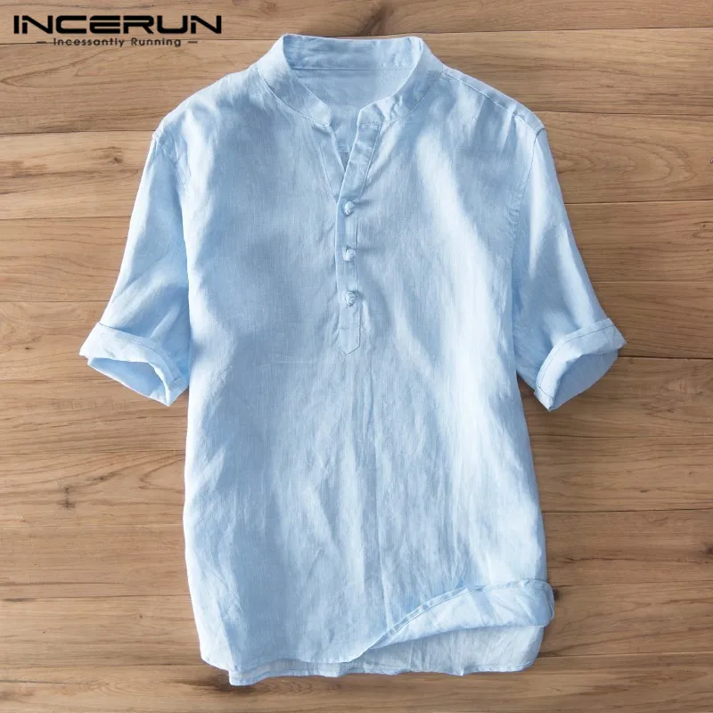 

Summer Vintage Casual Shirt Men Cotton Solid Breathable Stand Collar Short Sleeve Tops Streetwear Brand Shirts Men 2019 INCERUN