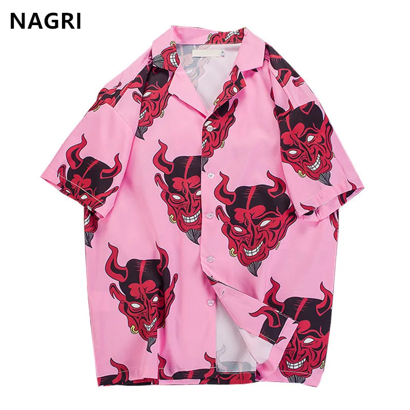Achat Hip hop chemises streetwear hommes diable impression complète à manches courtes été floral rappeur harajuku lâche hawaïen coréen chemises camisa