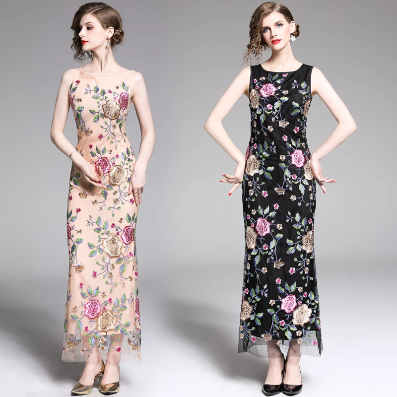 

Newest 2019 Summer O-Neck Sleeveless Mesh Bodycon Maxi Dress Flowers Embroidery Formal Elegant Evening Party Long Dress