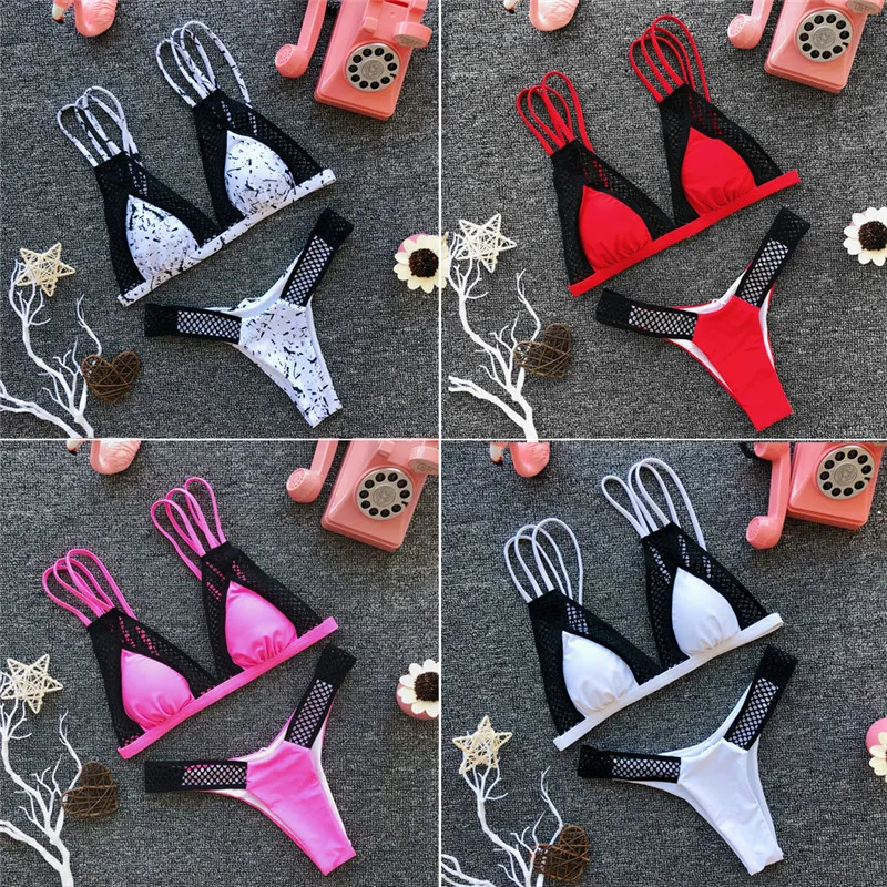 

Mesh Patchwork summer sexy bikini set Women hollow Push up Unpadded Swim Suits Bathing maillot de bain femme beachwear Biquinis