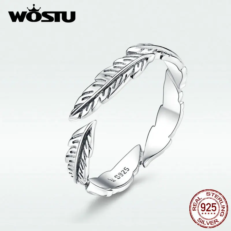

WOSTU Classic Feather Adjustable Finger Rings Genuine 100% Real 925 Sterling Silver Rings For Women Party Engagement DXR517