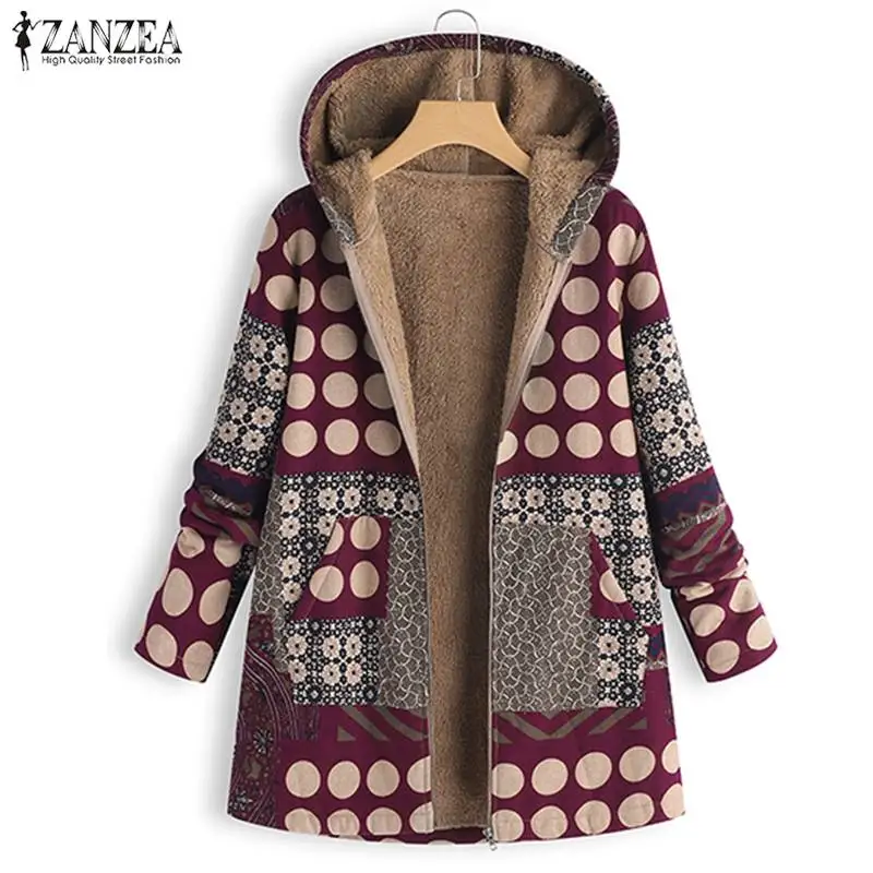 low cost 2019 Plus Size ZANZEA Winter Women Hooded Zipper Long Sleeve Vintage Printed Loose Fur Fleece Coat
