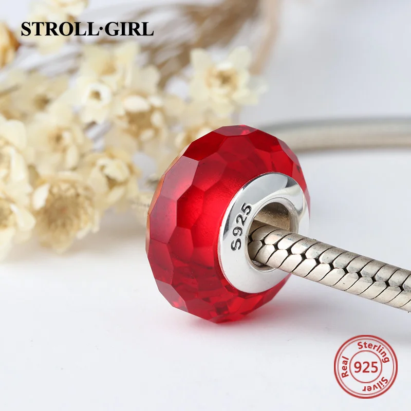 StrollGirl 925 silver sparkling Murano glass beads red color diy charms fit authentic pandora bracelet jewelry accessories gifts