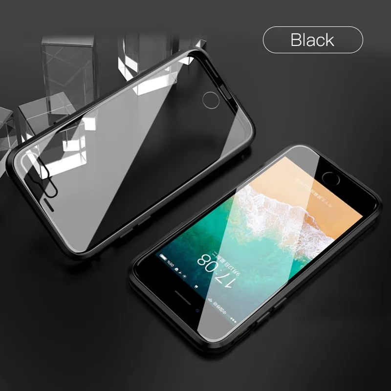 Magnetic Phone Case For iPhone 7 Plus 8 360 Full Body Metal Flip Front &amp Back Tempered Glass Cover XS Max X |