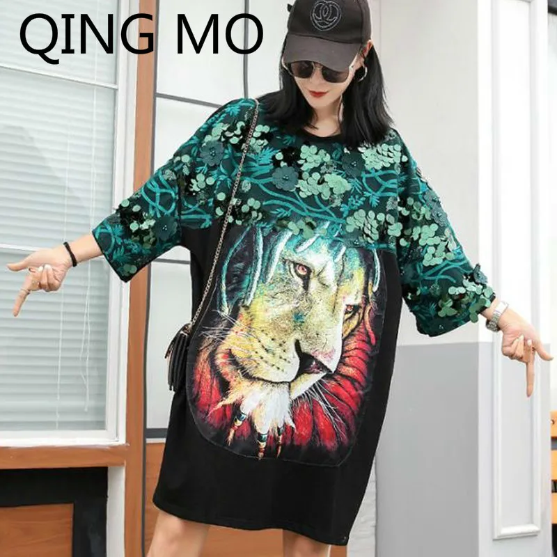 

QING MO Women Lion Animal Print T Shirt Sequin Plus Size T Shirt Black O Neck Three Quarter Sleeve Summer Top 2019 New ZQY033