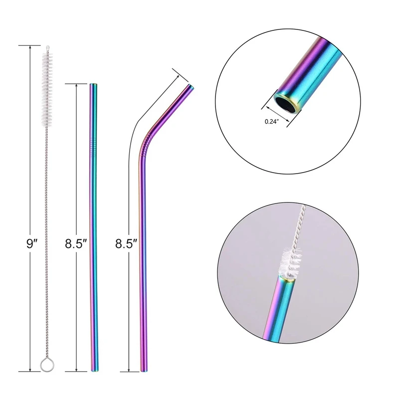 Многоцветный Красочный соломинки из нержавеющей стали 8,5 дюймов Радужный металлический питьевой многоразовые трубочки для 30/20 унц. стакан Fda-Approved Ec