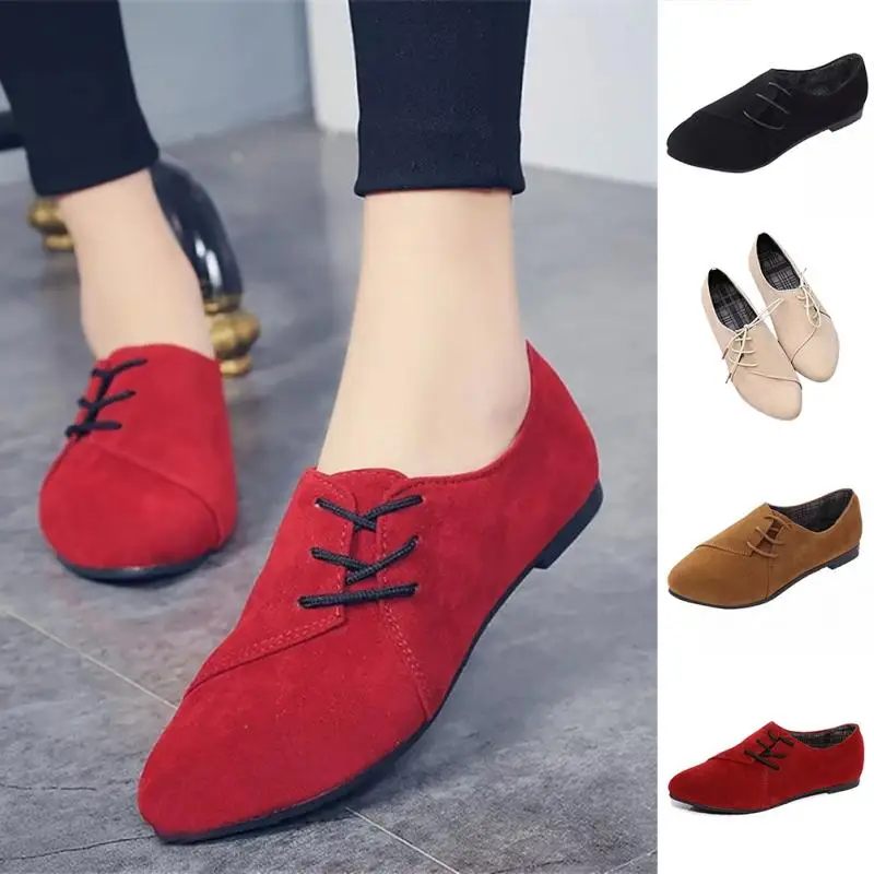 Autumn Suede Flat Shoes Women Lace Up Pointed Toe Daily Casual Shoes ...