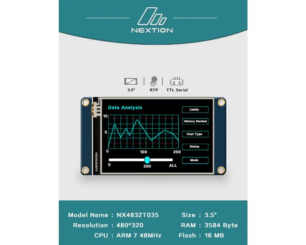 

Nextion NX4832T035 - Full-color 3.5" HMI Inteligent Resistive Touch Screen Board UASRT TFT LCD Module Compatible with Arduino