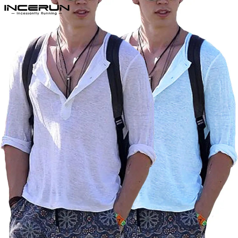

Men T Shirts Deep V Neck Long Sleeve Plain Solid Tee Tops Crew Neck White Tee Summer Autumn Camisas Chemsie Shirts Blouse Hombre