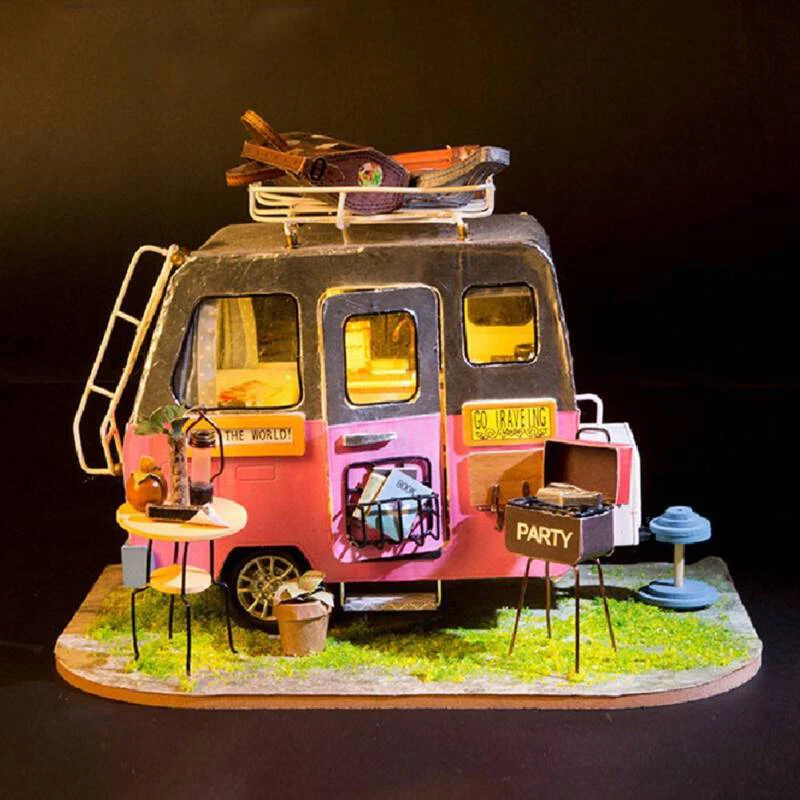

DIY For Dollhouse Miniature Kit Kids Gift Cute Caravan Doll House W/ LED Light