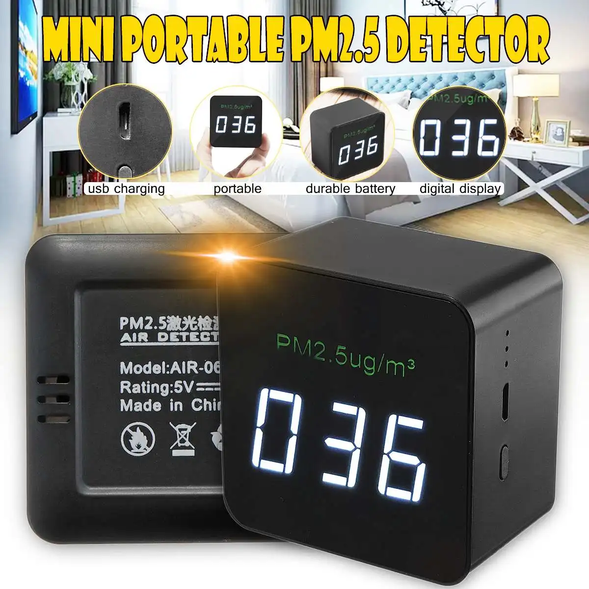 

Portable PM2.5 Detector Mini Air Quality Monitor Tester Meter Analyzer Dust Haze Measurement PM2.5 Sensor