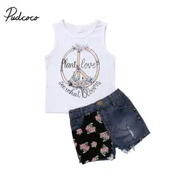 Летняя модная одежда для маленьких девочек, жилет без рукавов с цветочным принтом, топы, футболка, джинсовые шорты с цветочным принтом