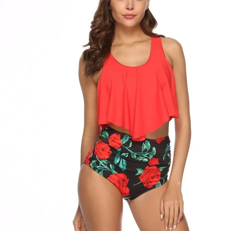 

Red Bikini 2019 Plus Size Swimwear Ruffle Strapless Bikiny Two Piece High Waisted Bathing Suits Floral Printed Swimsuit XXL XXXL