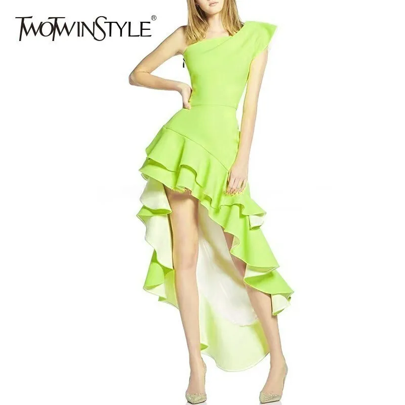 

TWOTWINSTYLE Irregular Party Dress Female Off Shoulder Asymmetrical Ruffle Hem Women's Dresses Sexy Fashion 2018 Summer New