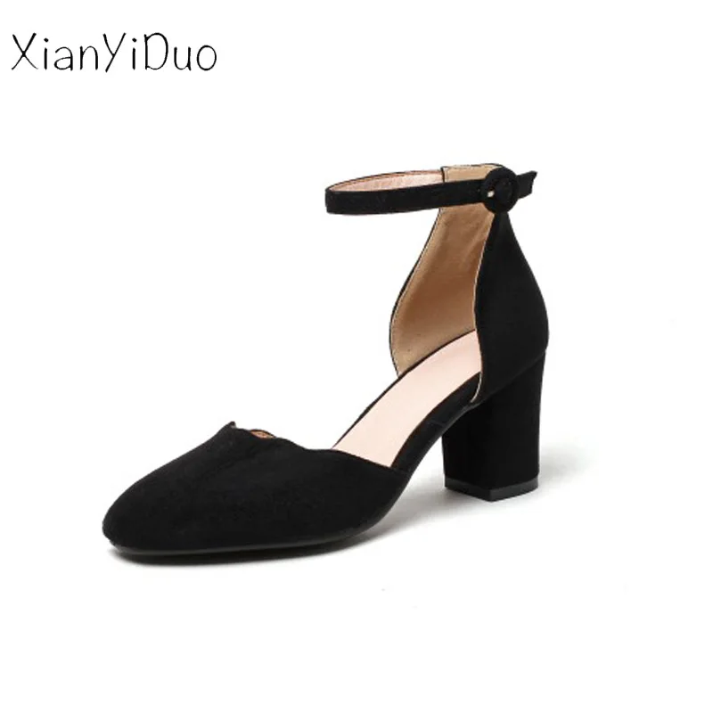 

Xianyiduo 2019 new Summer flock Women's shoes sandals closed toe Khaki red Beige high heels Cover Heel Beige big size 34-43/A501