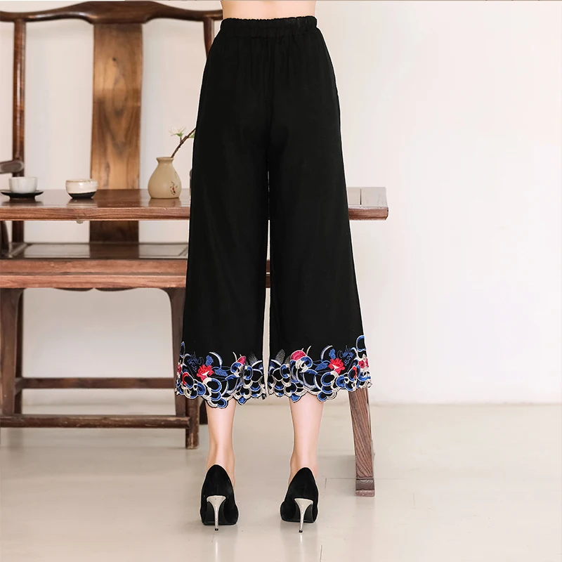 

2019 New Summer Style Casual Women Mid Waist Embroidery Capris Female Cotton Linen Wide Leg Pants Pantalon Mujer