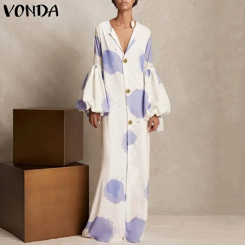 

VONDA Dress Bohemian Women Sexy V Neck Long Lantern Sleeve Print Party Maxi Dresses 2019 Spring Beach Holiday Plus Size Vestidos