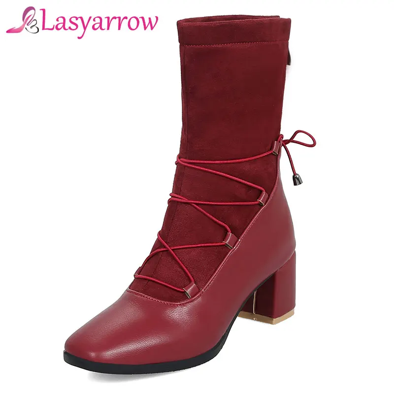 

Lasyarrow Sexy Lace Up Mid Calf Boots Women Rome style Boots Women High Heels Shoes Woman Flock Boots Botas Autumn Short Boots