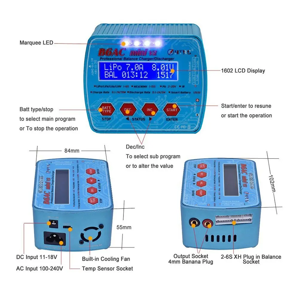 HTRC B6AC Mini V2 70 Вт 7A AC/DC вход Профессиональный Lipo батарея баланс зарядное устройство