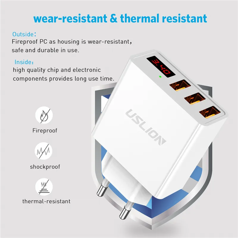USLION светодиодный дисплей 3 USB зарядное устройство Быстрая зарядка настенное для