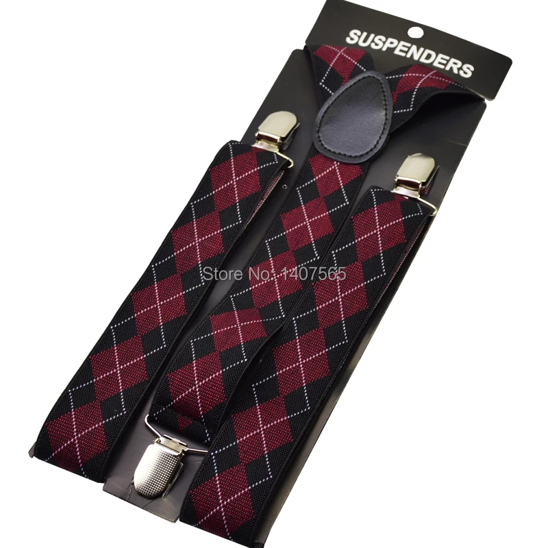 

120cm Mens Suspender 3.5cm wide women Big plussize Suspenders 3 Clip-on Y-Back plaid black wine red Braces Elastic BY13