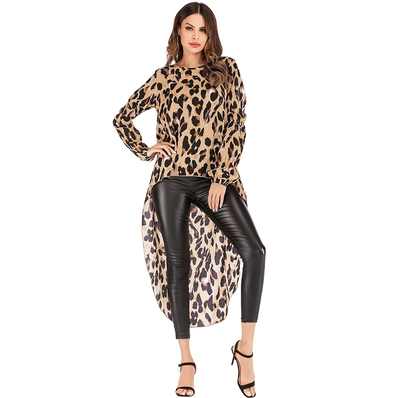 

2019 Korean Fashion tunics Women Blouse Leopard Print Shirt Long sleeve Top Loose Irregular Hem Blouses Ladies Long Shirt female