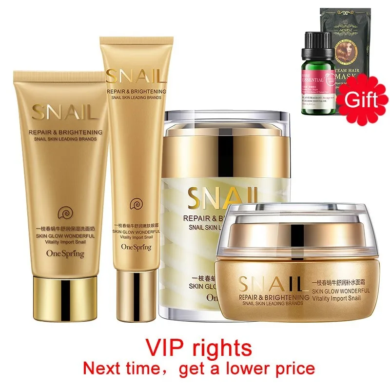 

OneSpring Snail Essence Face Care Set Facial Moisturizing Cream Eye Gel Facial Cleanser + 2 Gifts Essential Oil And Hair Mask