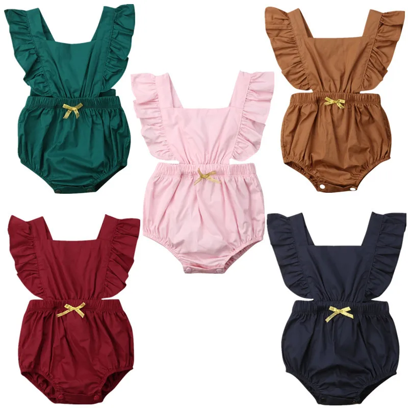 Newborn Baby Girls Ruche Plain Colour Terugkruisen Romper Jumpsuit Outfits Sunsuit Baby Clothing