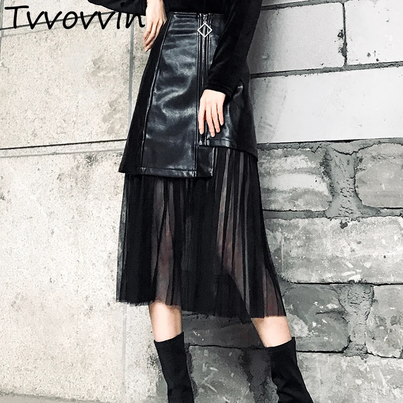 2019 Весенняя мода Новый Высокая талия из искусственной кожи Лоскутная Сетка нерегулярные черная юбка Универсальные женские низ L832