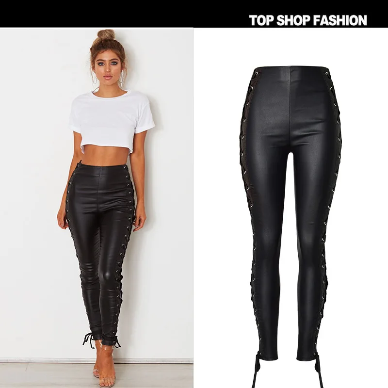 Alto Pu Venda Slim Cuero Talle Negro Estilo Pantalones La Elástico Imitación Mujer Nuevo De qYz4x7H