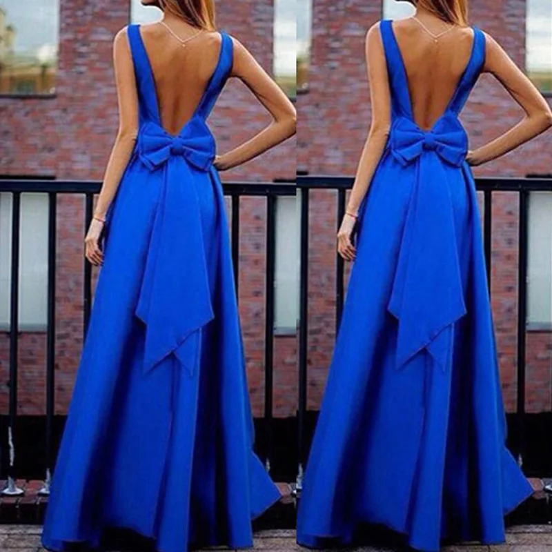 

Women Elegant V Neck Blue A Line Dress Summer Sleeveless Formal Evening Bow Floor-Length Solid Gowns Hot 2019