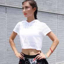 Сексуальная полый дышащий с капюшоном короткий рукав женский Бег Фитнес Йога теннисная футболка стрейч тонкий движение Быстросохнущий