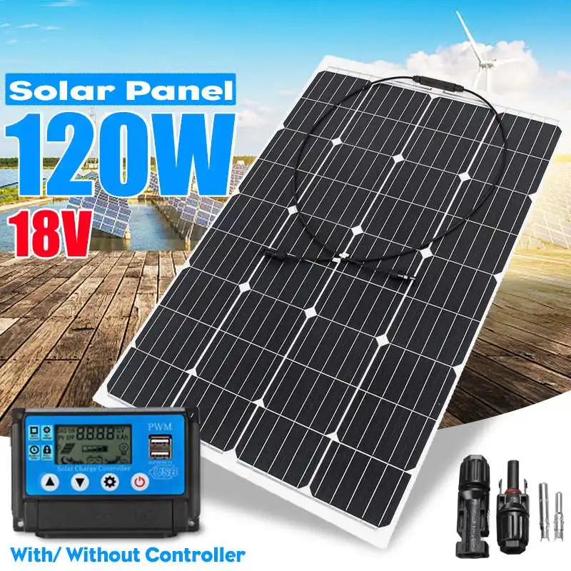 

120W Flexible Solar Panel Solar Cell Module+10/20/30/40/50A PWM Controller for Car Yacht Led Light Battery Boat Outdoor Charger