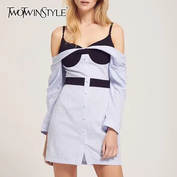 

TWOTWINSTYLE Sexy Shirt Dress Female Slash Neck High Waist Long Sleeve Hit Colors Mini Dresses Women 2020 Spring Fashion Clothes