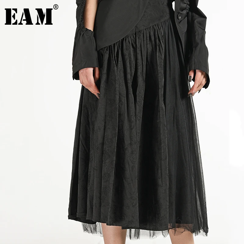 

[EAM] 2019 New Spring Summer High Elastic Waist Black Loose Spliced Mesh Simple Half-body Skirt Women Fashion Tide 1C084