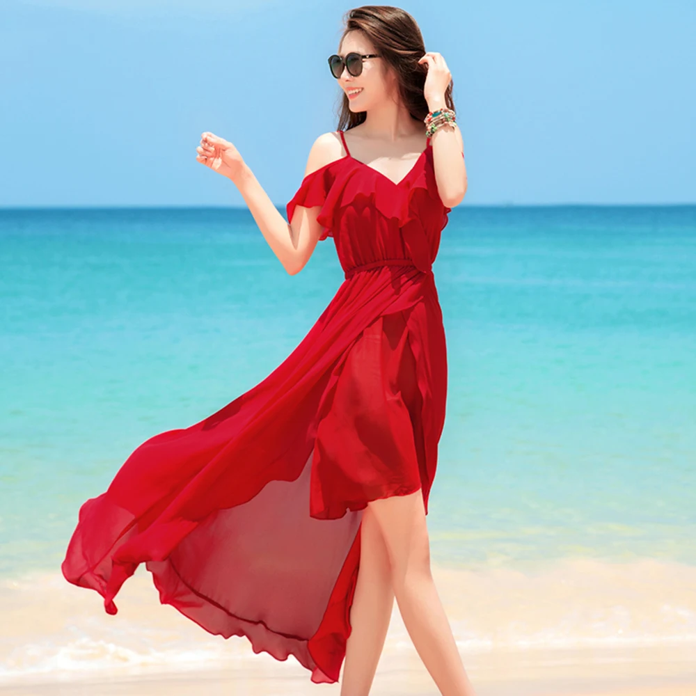 

Bohemian Spaghetti Strap Dress Women Short Sleeve V-neck Vestidos Female Casual Spring Summer Beach Party Dresses